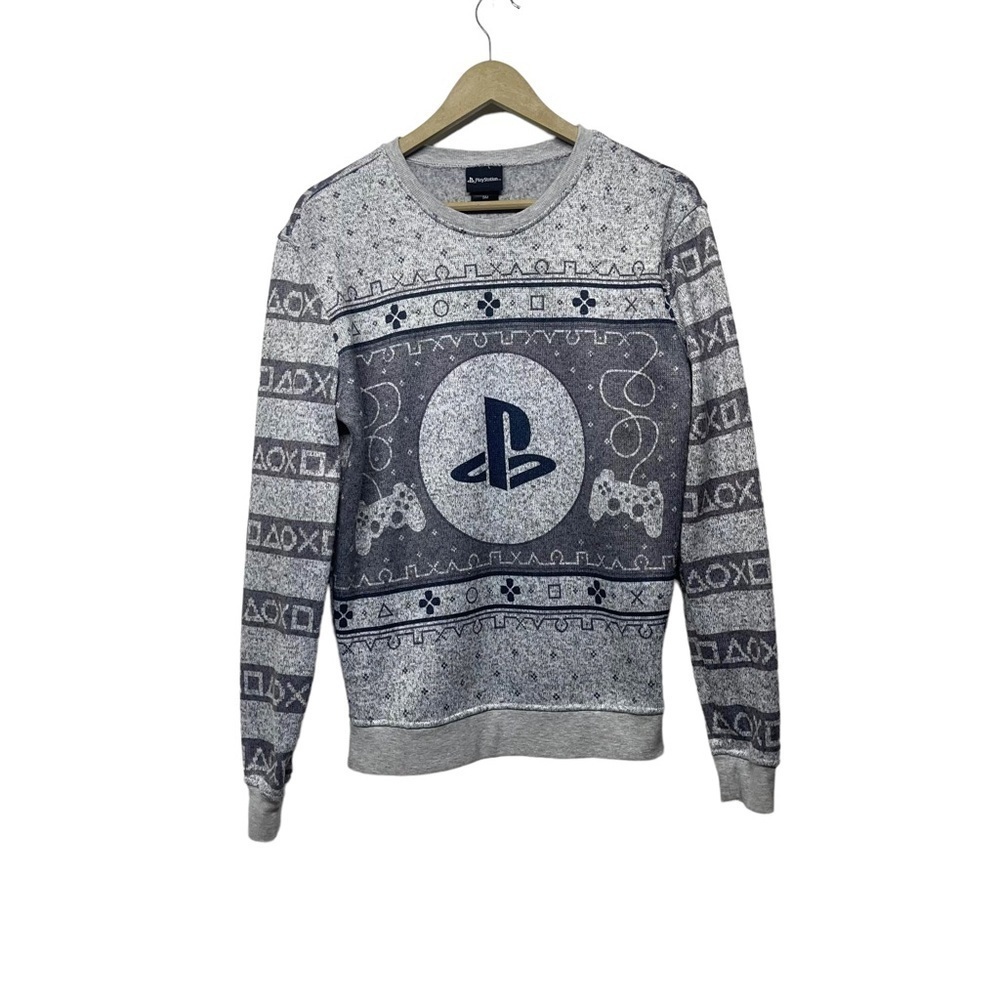 PlayStation Men’s Small Gray Graphic Long Sleeve Pullover Sweater Gaming Retro